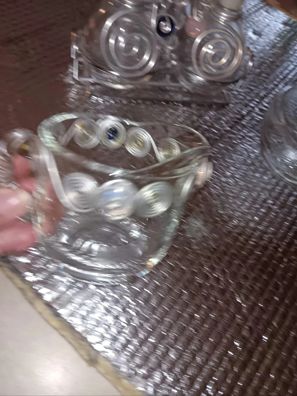 Artisian Crafted Glass Oil And Vinigar Bottles In Stand Wirh Creamer And Sugar